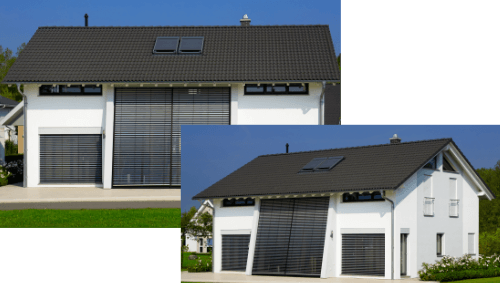 2 Fotos eines Hauses aus verschiedenen Perspektiven mit schwarzen Dach